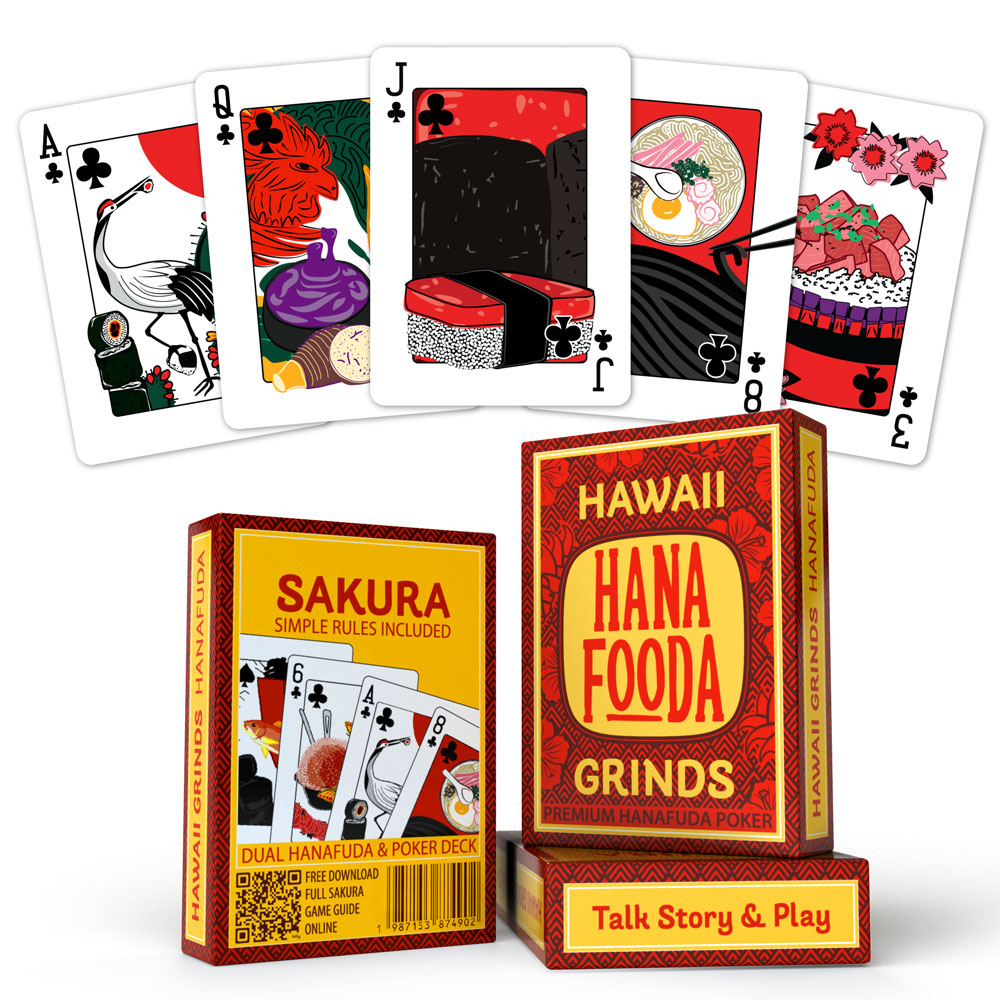 Front, back and sides of the Hawaii Grinds Poker Deck, Showing the top point cards fanned out. These cards are the high scoring point cards when playing Sakura or also known as Hawaiian Hanafuda. They are powerful cards when forming Yaku combonations.