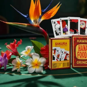 Hawaiian style poker cards on a green felt poker table for table top game nights, with accent tropical flowers