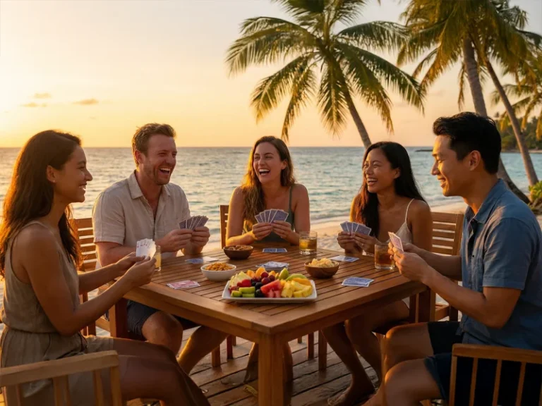 Friends on a tropical beach playing cards together for a game night