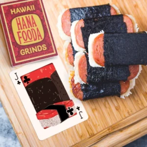 Close up of the spam gaji card, showing real life stack of spam musubi as the inspiration for the card design