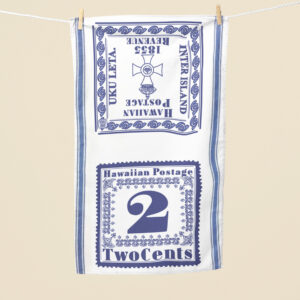 Double-sided Kingdom of Hawaii flour sack towel with Missionary Era stamp recreations