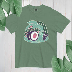 Mini monster tee holding leaf over sushi roll to protect it from rain