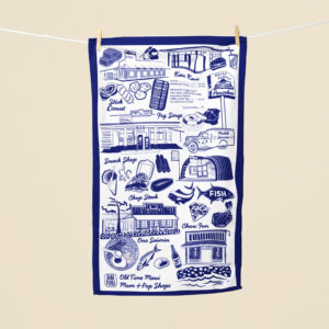 Mom and pop Maui eateries linen tea towel in Olde Time Aloha Blue