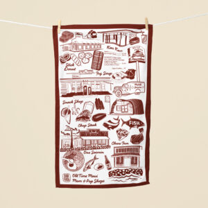 Mom and pop Maui eateries linen tea towel in Olde Time Aloha Red