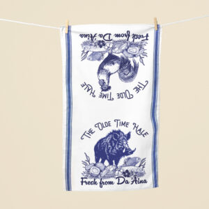 Fresh from the hale and aina flour sack towel with boar and rooster design