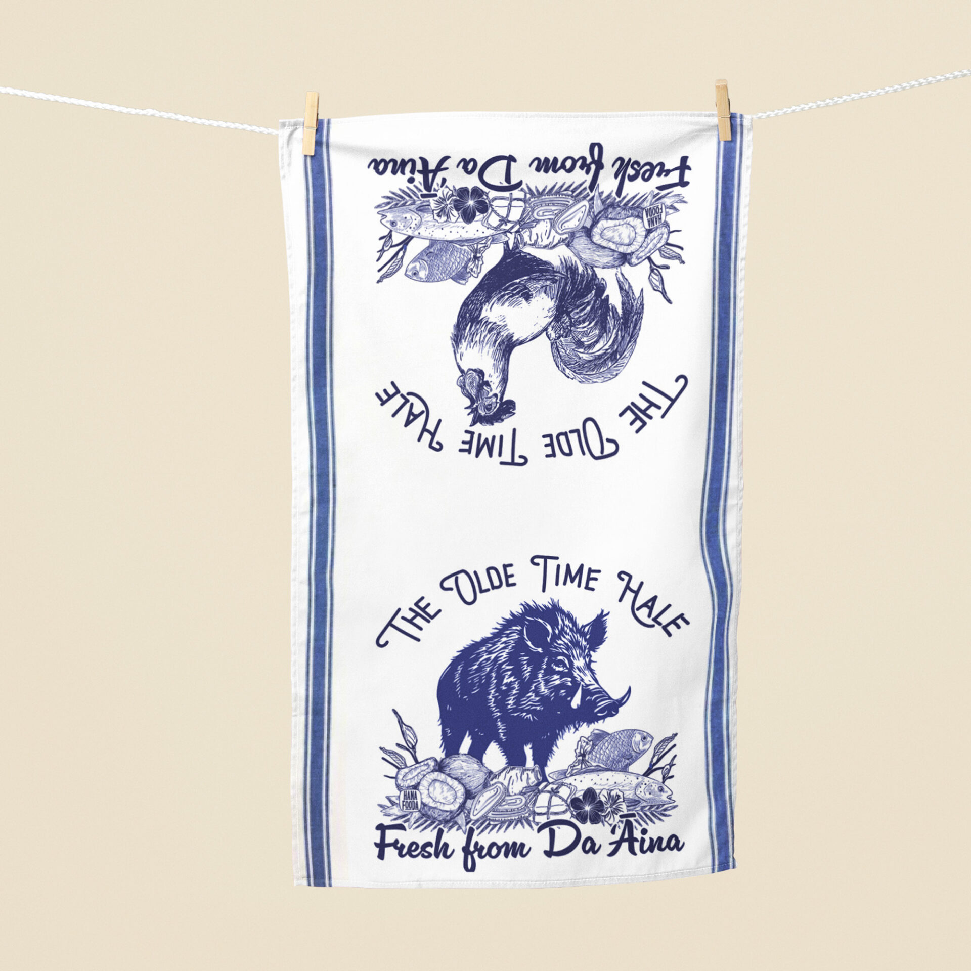 Fresh from the hale and aina flour sack towel with boar and rooster design