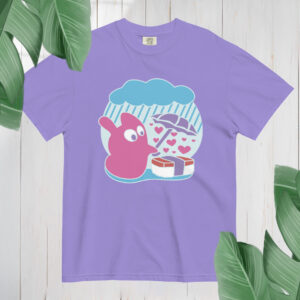 Purple tee with cute monster holding umbrella over Spam Musubi