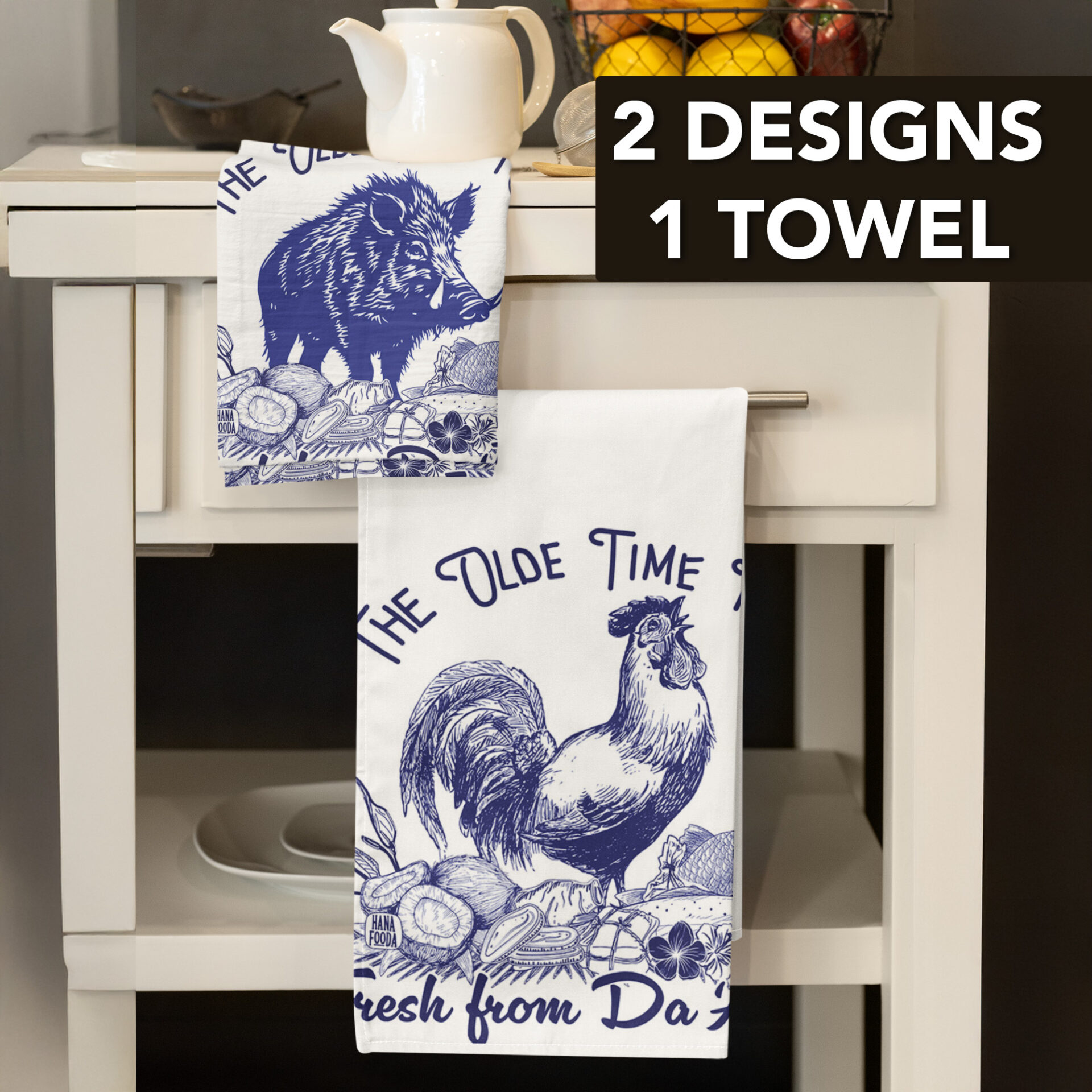 Hawaii home decor, flour sack towel, hunting gift, homestead life, boar and rooster design, kamaʻāina gift, island lifestyle