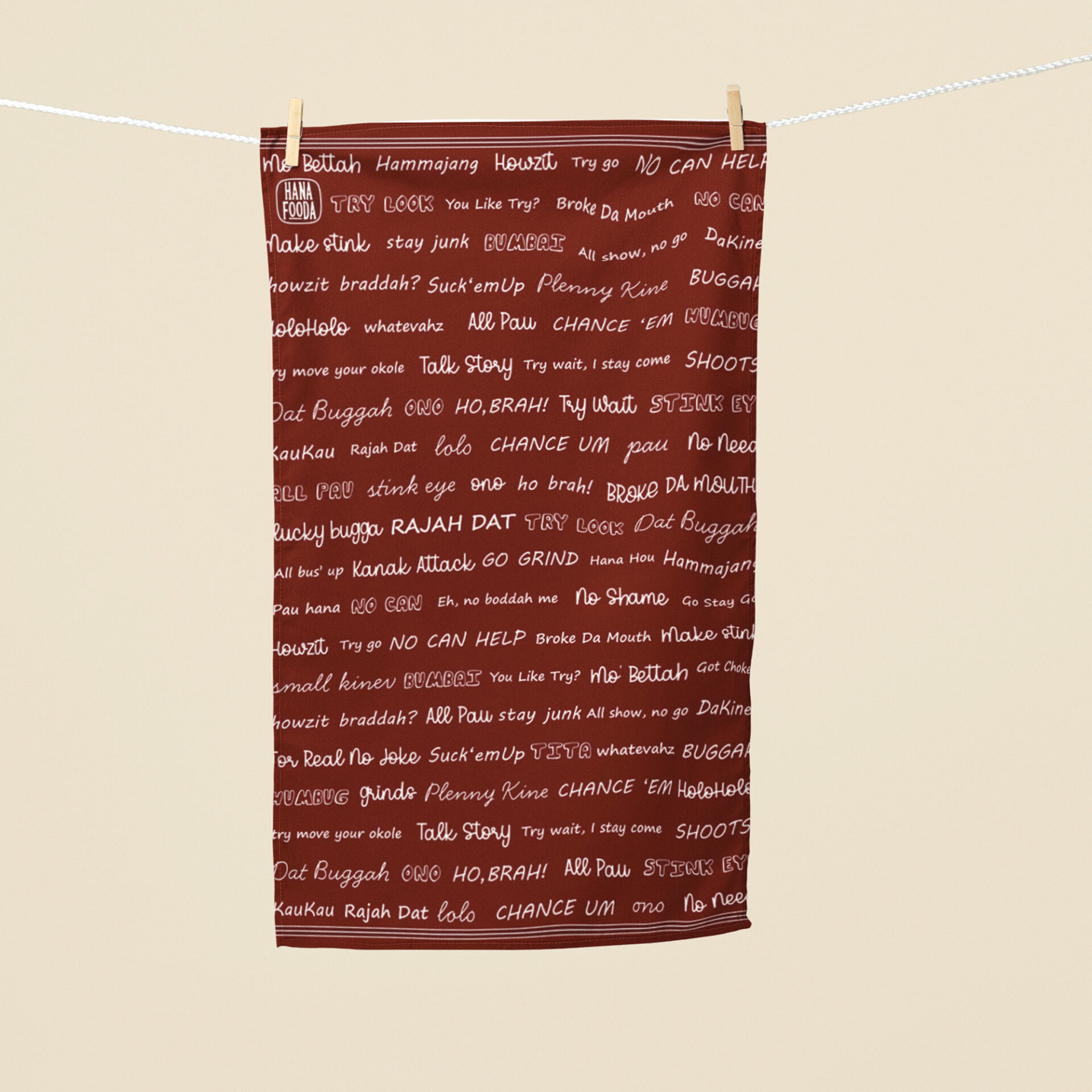 Talk story local slang linen tea towel with Hawaiian pidgin phrases